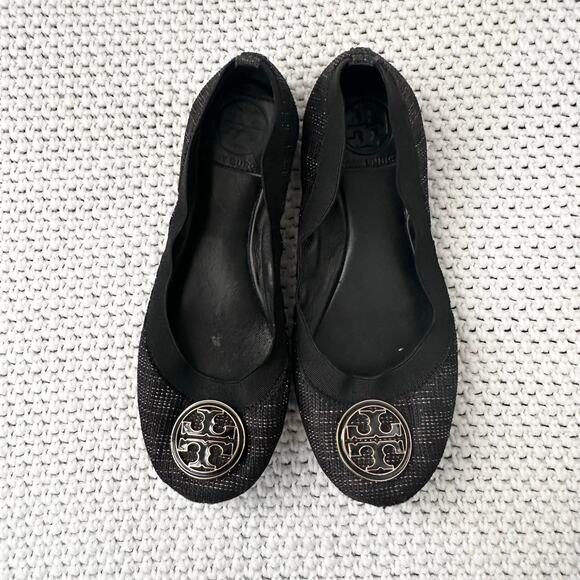 Tory Burch Black Gold Tweed Fabric Caroline Classic Reva Ballet Flats Shoes 6.5 - Picture 5 of 12